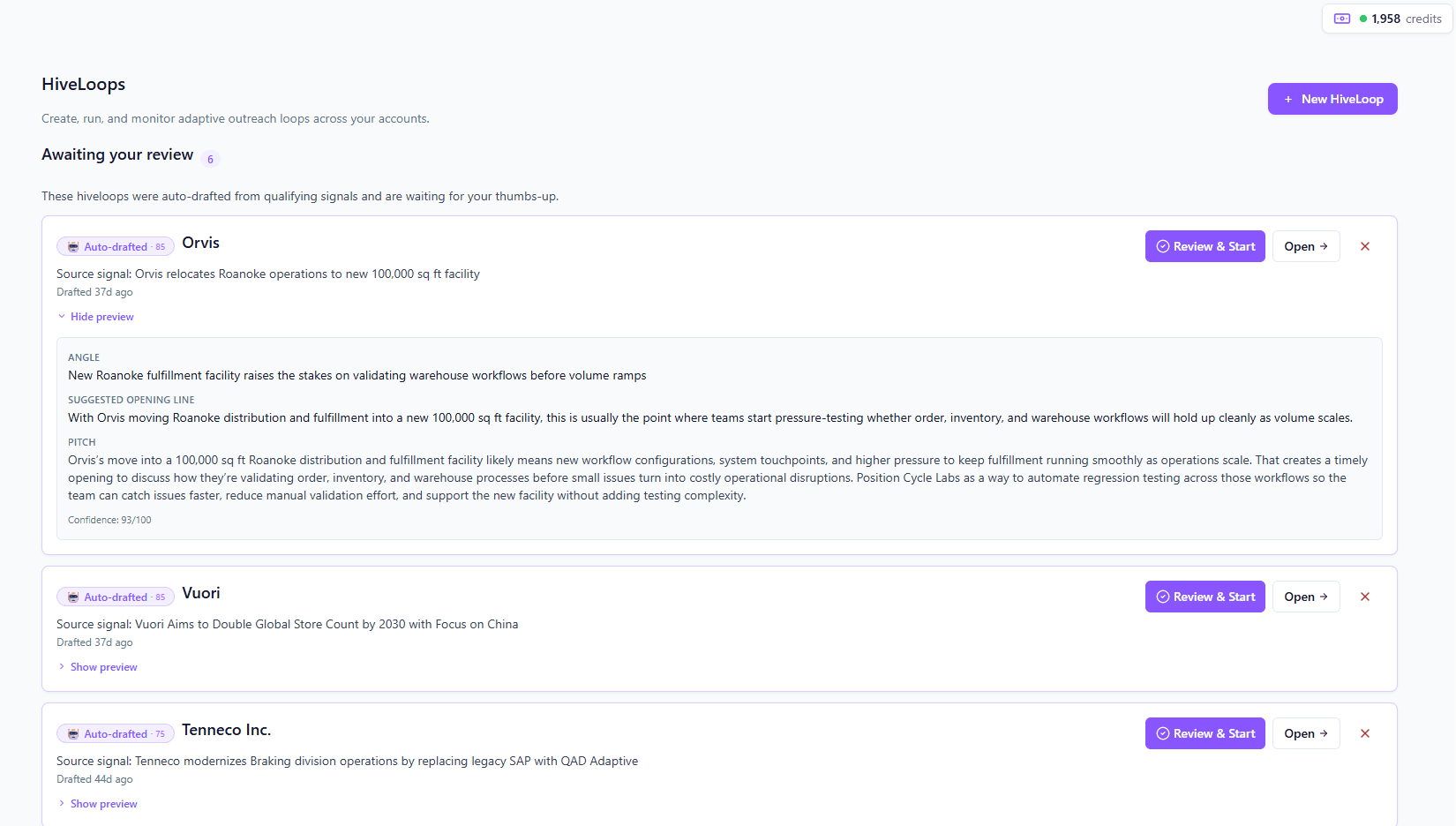 Signal-driven outreach recommendations awaiting sales review